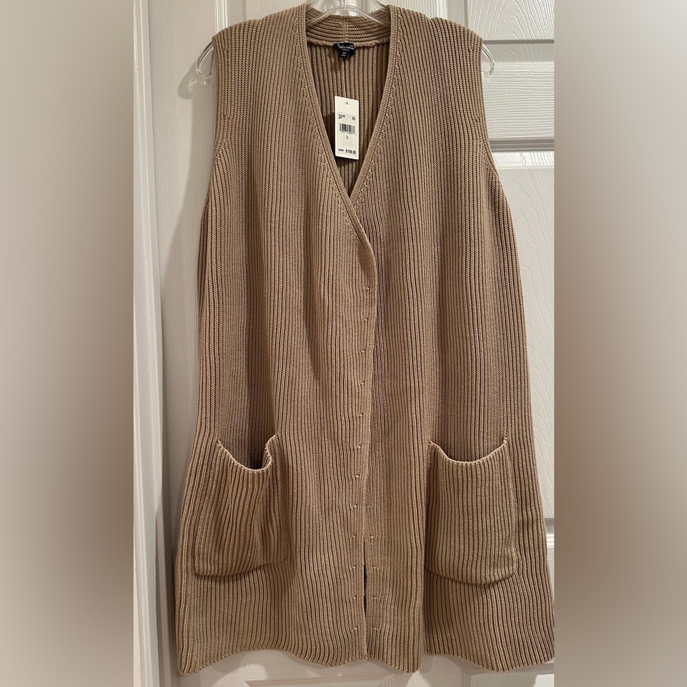 SPLENDID Sweater Open Front Sleeveless Knit Long Cardigan Tan Large New